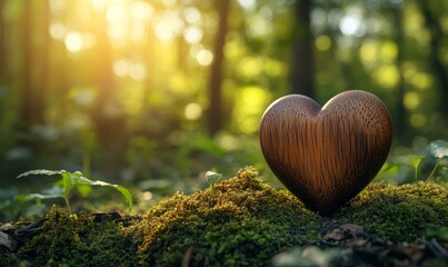 Wooden Heart on Mossy Forest Grave, Natural Burial in Woodland Setting, Eco-Friendly Funeral Symbol, Tree Burial Concept, Generative AI