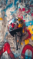 Helmet poster art.Graffiti-Style Biker Helmet on Urban Wall.