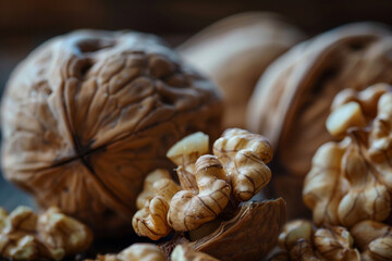 Obraz premium A collection of cracked walnuts showcases their intricate patterns and creamy kernels, highlighting the natural beauty and texture of this nutritious snack