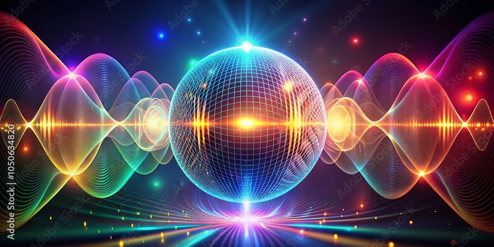 Aufkleber dynamic particle waves: glowing abstract form in 3d creating sound waves in a futuristic style