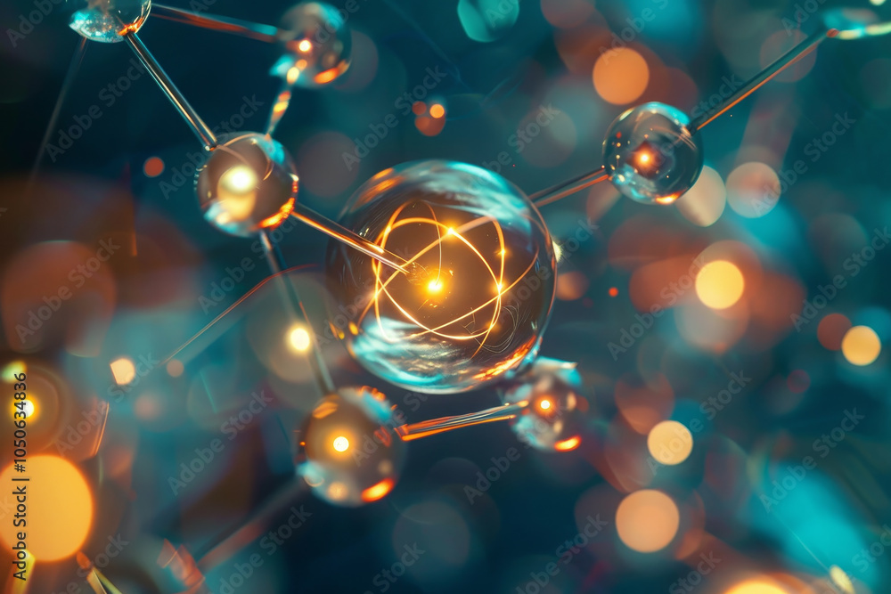 Poster an intricate digital representation of atomic structure shows glowing particles and energy interacti