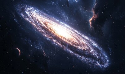 Fototapeta premium Swirling Galaxy and Nebula Cosmic Voyage, Celestial Dance of Stars and Distant Planet, Energy of Dark Matter in Deep Space, Glowing Starry Night Sky, Generative AI