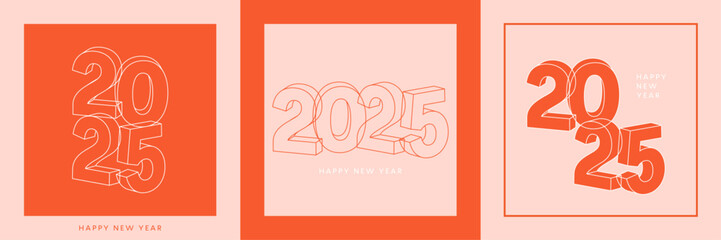 2025 3D line number poster set, New Year orange square cards