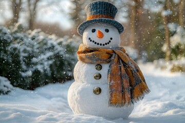 Obraz premium a happy snowman standing in a picturesque winter landscape, surrounded by softly falling snow. christmas celebration, christmas banner