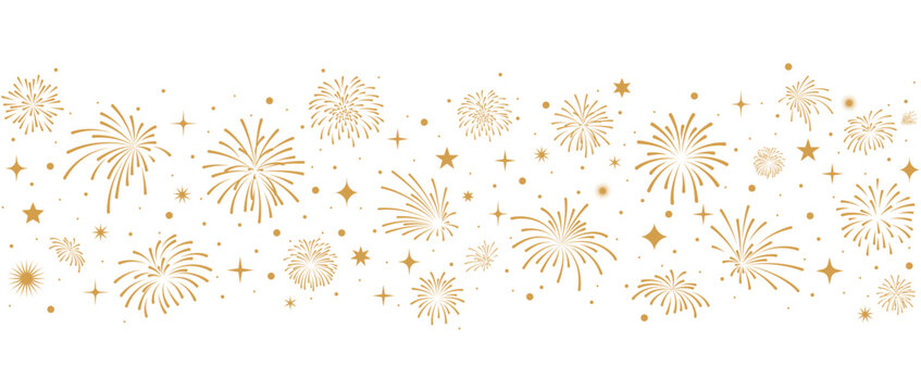 Fireworks border, New Year banner, gold fireworks and stars