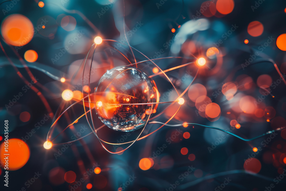 Poster glowing particles and atomic structures are visualized in a dark blue and orange ambiance, showcasin