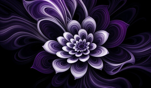 Abstract swirling purple and white flower on black