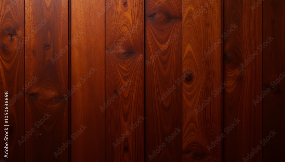 Wall mural close-up of mahogany wooden surface featuring seamless texture and intricate patterns illuminated by