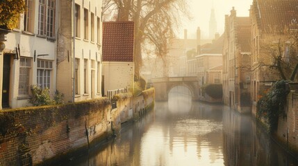 Obraz premium A tranquil view of the historic town of Bruges with its medieval architecture, winding canals, and picturesque cobblestone streets