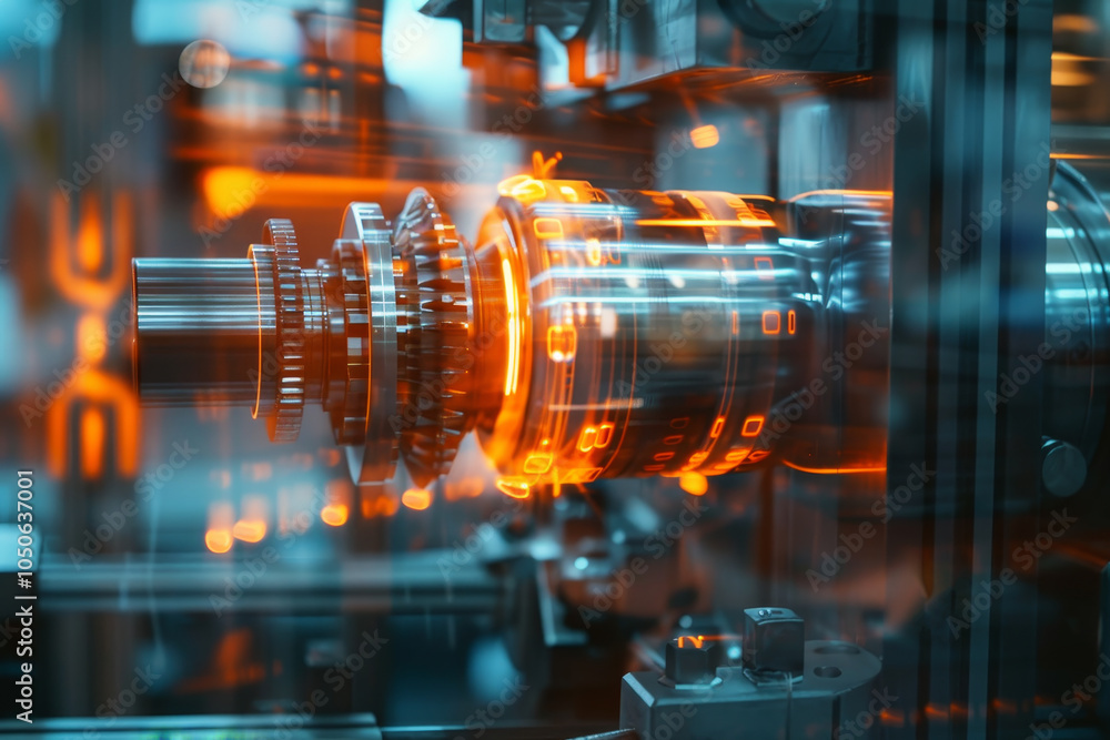 Aufkleber a complex mechanical device operates within a factory, showcasing intricate components illuminated b