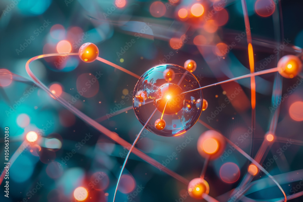 Poster a dynamic representation of an atomic model featuring a central sphere with orbiting electrons, high