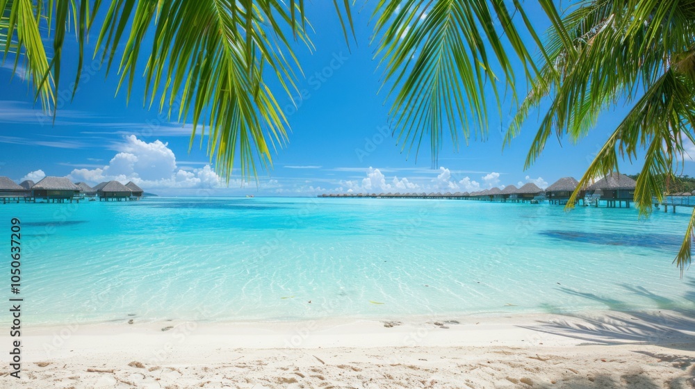 Aufkleber A tranquil view of the idyllic beaches and palm trees of Bora Bora with luxurious overwater villas and crystal-clear turquoise waters, tropical setting with vivid blues and greens, Bora Bora style