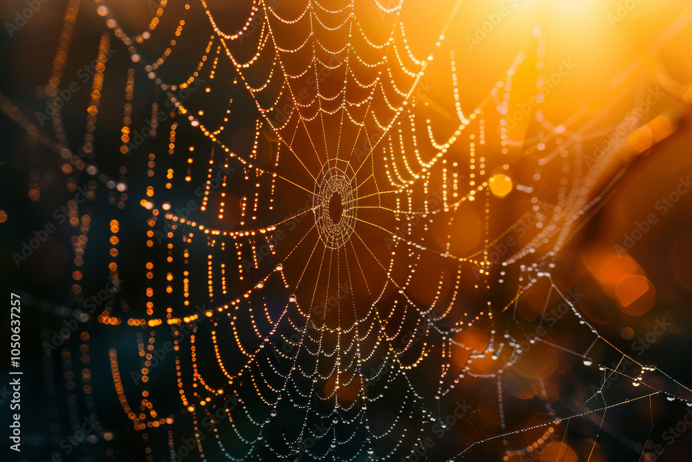 Poster morning sunlight highlights a intricate spider web adorned with glistening droplets of dew, creating