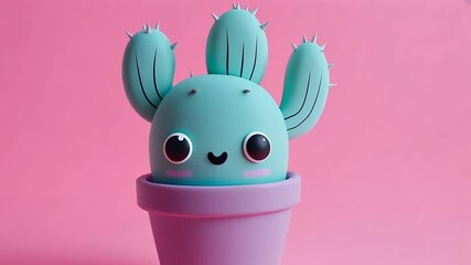 Cute cactus character in pink pot on pink background - Powered by Adobe