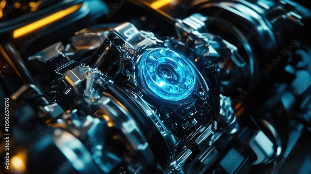 Poster a futuristic mechanical component with a glowing blue element, showcasing advanced technology.