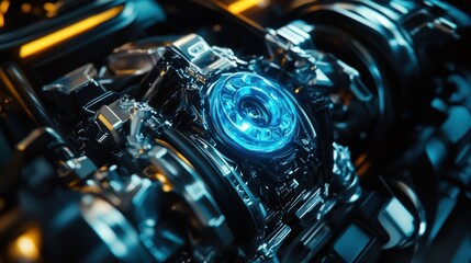Fototapeta premium A futuristic mechanical component with a glowing blue element, showcasing advanced technology.