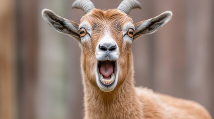 Obraz premium Goat with open mouth appears to be bleating, showcasing its playful nature, AI