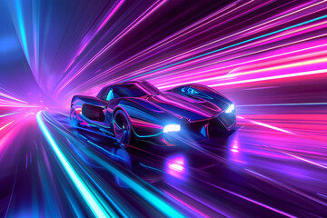 The scene captures a sleek, high-speed sports car racing through a brightly lit tunnel filled with vivid neon colors, emphasizing movement and energy