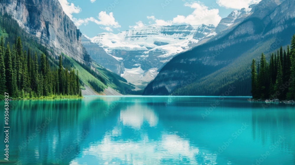 Poster a tranquil view of the lake louise in canada with its turquoise waters reflecting the surrounding sn