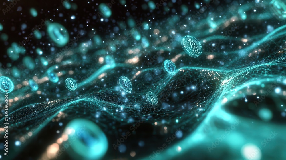 Poster a 3d representation of a blockchain network, with coins floating between secure digital nodes, glowi