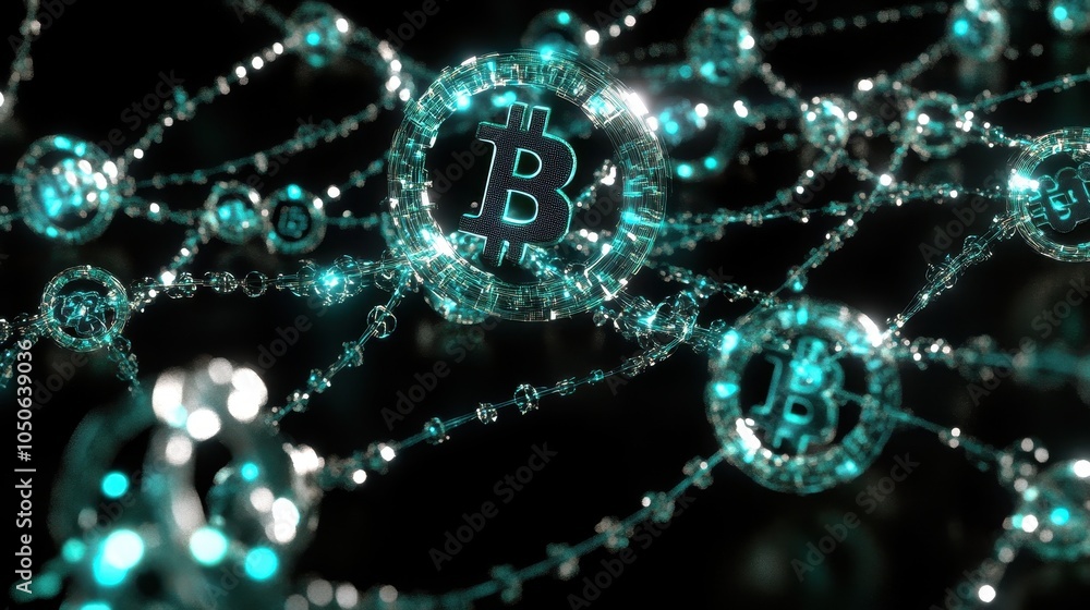 Poster a 3d representation of a blockchain network, with coins floating between secure digital nodes, glowi