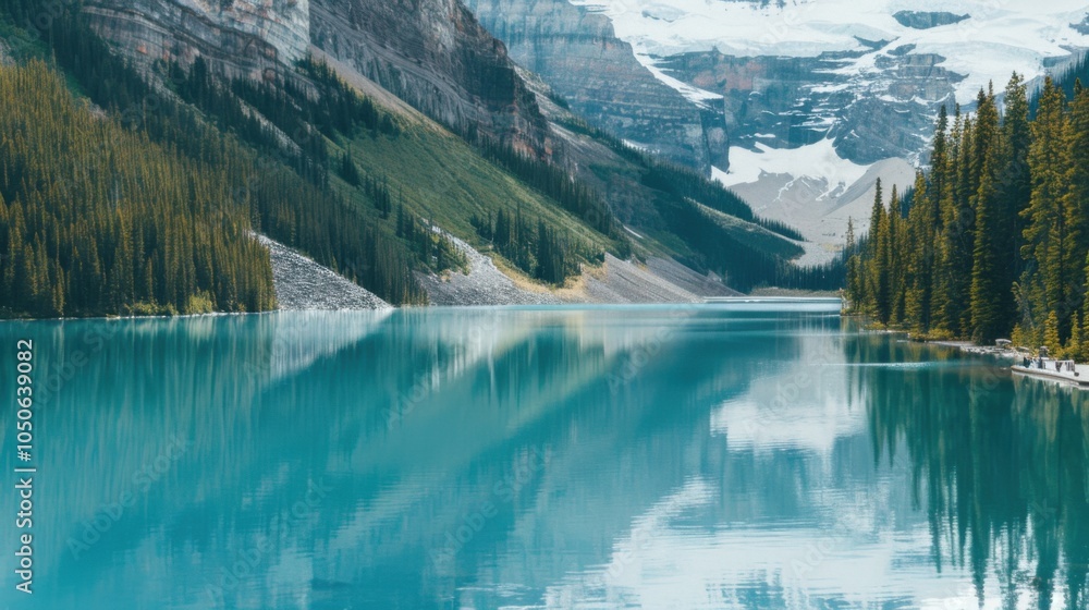 Poster a tranquil view of the lake louise in canada with its turquoise waters reflecting the surrounding sn