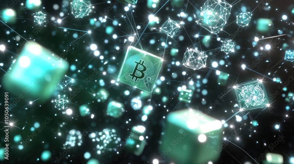 Aufkleber a 3d representation of a blockchain network, with coins floating between secure digital nodes, glowi