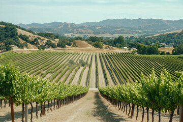 Fototapeta premium A tranquil vineyard with rows of grapevines stretching into the distance.