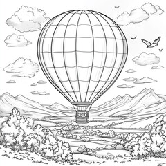 A hot air balloon floating over a countryside landscape, with birds flying alongside and mountains in the distance, bright, generative ai (painting book)