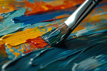 Obraz premium An artist skillfully applies bright colors with a paintbrush on canvas, blending shades of blue, orange, and yellow in a contemporary studio setting