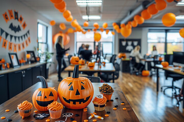 A vibrant and festive office setting decorated for Halloween with pumpkin lanterns, orange balloons, and themed cupcakes