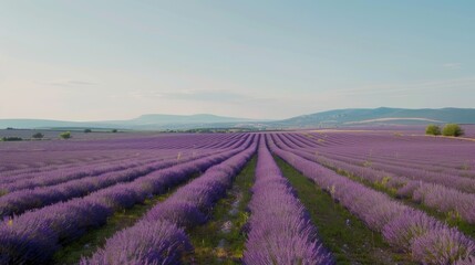 Fototapeta premium A tranquil view of the lavender fields in Provence with endless rows of purple flowers stretching to the horizon under a clear, sunny sky, rural setting with vibrant purples and greens