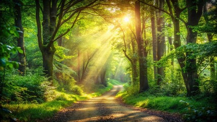 Fototapeta premium Enchanted Forest Pathway with Bokeh Effect for Nature Lovers and Tranquil Retreats