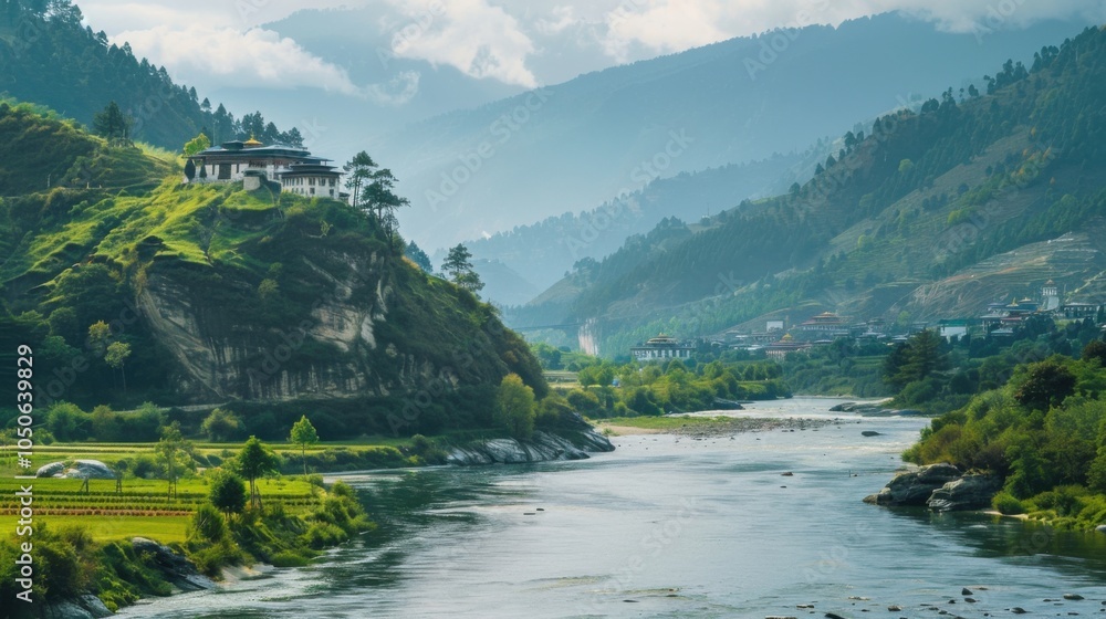 Poster a tranquil view of the lush green hills and serene rivers of bhutan with traditional monasteries per