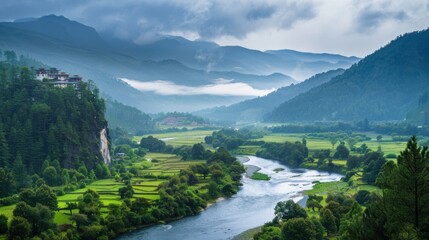 A tranquil view of the lush green hills and serene rivers of Bhutan with traditional monasteries perched on cliffs, mountainous setting with deep greens and soft blues, Bhutan style
