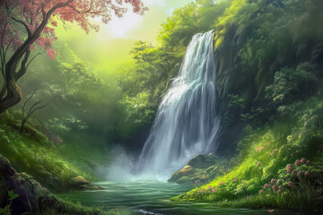 Fototapeta premium A tranquil waterfall hidden deep within a lush jungle.
