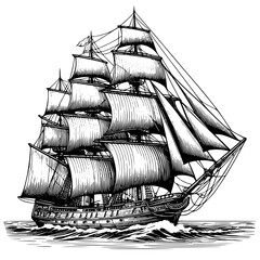 illustration of a sailing ship, schooner on the sea © Koko