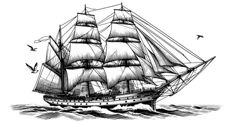 schooner on the sea, sail ship journey to valhalla, drakkar ship lineart © Koko