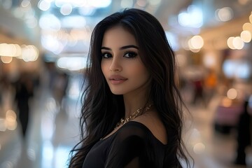 Obraz premium Beautiful Arabian woman standing gracefully inside a bustling shopping mall