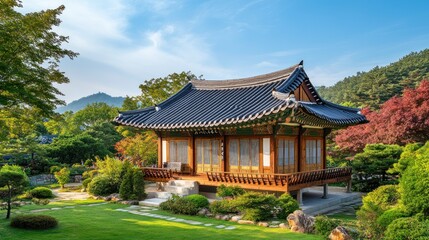 Obraz premium Traditional Korean Architecture in a Serene Garden