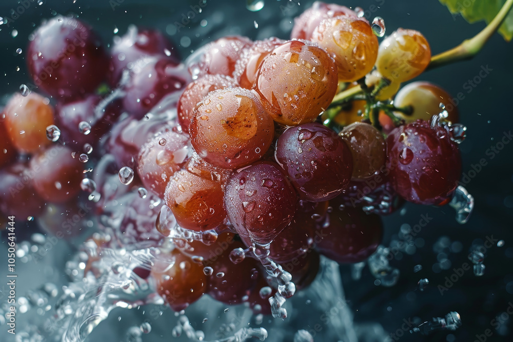 Poster a bunch of ripe grapes is being splashed with clear water, creating droplets that highlight their ri