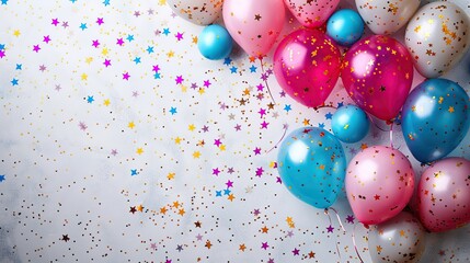 Colorful balloons and confetti scattered on a white background, creating a festive and celebratory atmosphere.