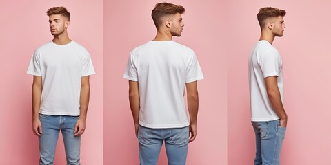 Casual Model Displays a White T-Shirt With Light Jeans Against a Pink Backdrop in a Simple Photo Shoot Setting