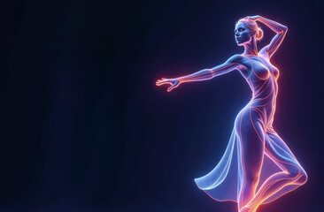 Futuristic Holographic girl Figure Created with Glowing Neon Wireframe Lines