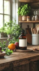A rustic bottle sits on a wooden shelf amidst fresh herbs and fruits in a cozy farmhouse kitchen