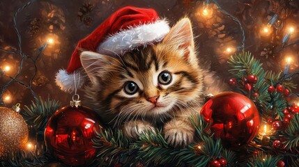 Festive kitten with Christmas decor and lights