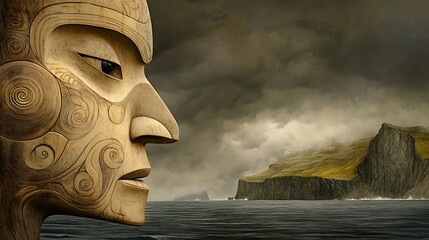 Aleut sculpture displaying intricate details with a dramatic coastline backdrop