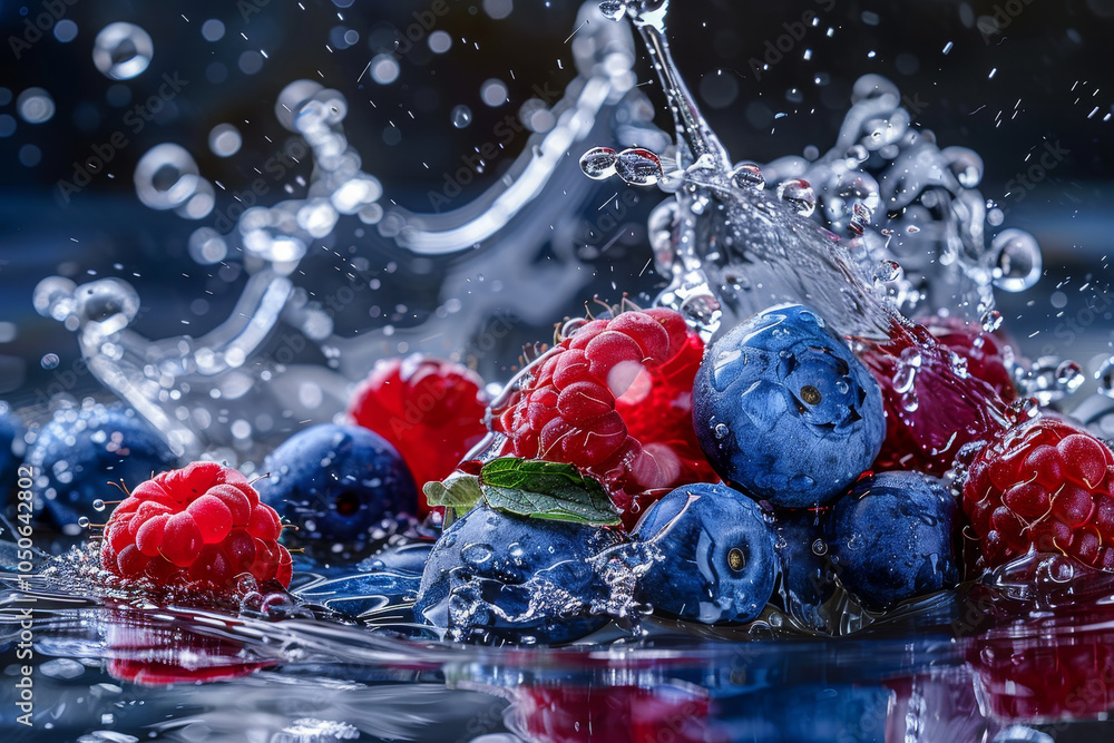 Poster ripe blueberries and raspberries are being splashed in water, creating dynamic droplets and ripples 