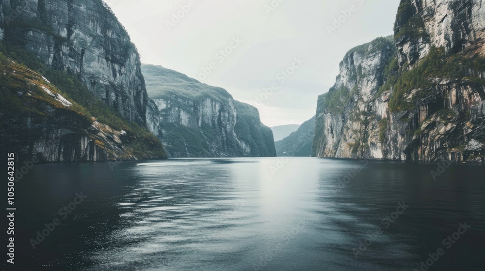 Aufkleber A tranquil view of the Scandinavian fjords with serene waters and rugged cliffs, fjord setting with calming simplicity, Calm style