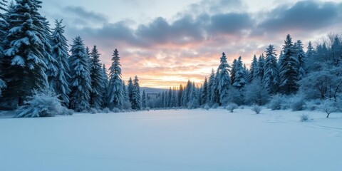 Obraz premium Winter sunset in a peaceful forest with snow-covered trees creating a serene atmosphere, winter, majestic, peaceful